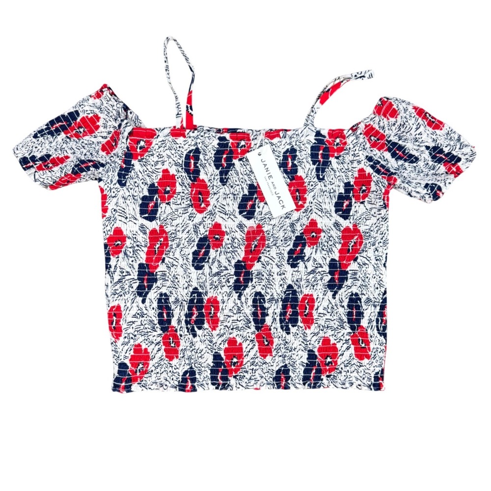 Janie and Jack Girls Size 18 Red Navy Floral Smocked Off Shoulder Top‎ NWT beach